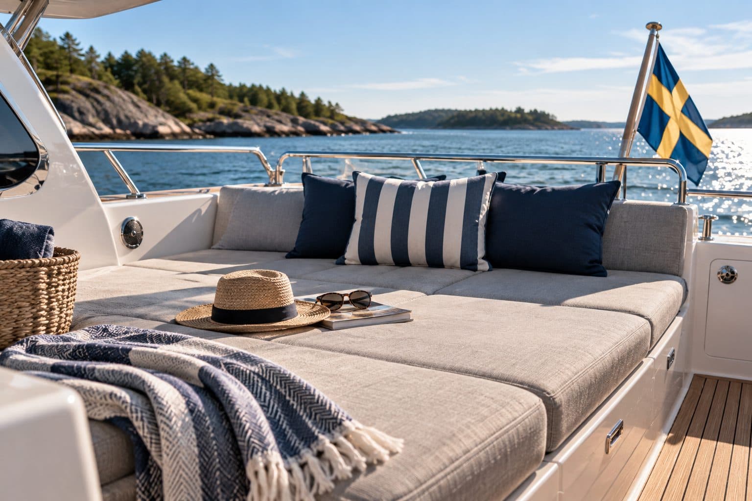 Solbädd med kuddar, hatt och filt ombord på båt i skärgården