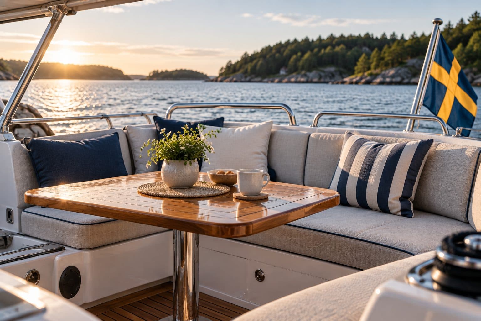 Sittbrunnsdynor i ljust tyg ombord på motorbåt i skärgården