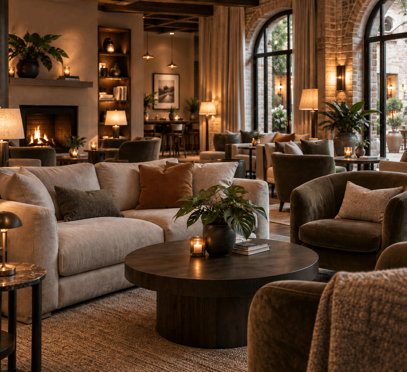 Ombonad lounge med öppen spis, soffa och fåtöljer