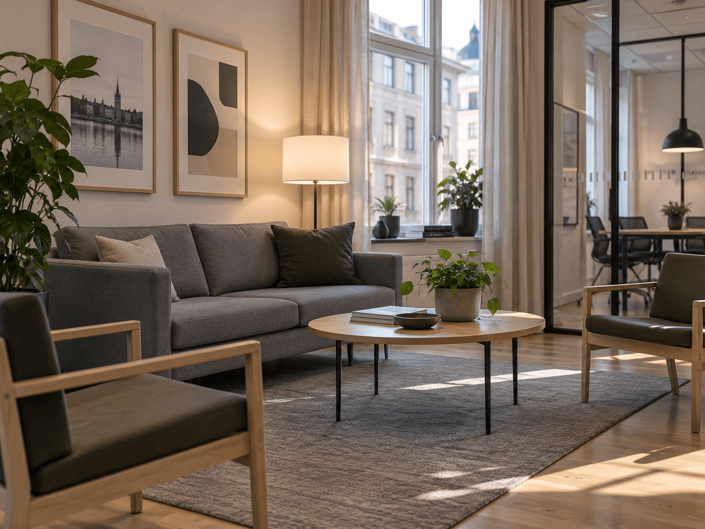 Grå soffa och fåtöljer med gröna sitsar i ett ljust kontor