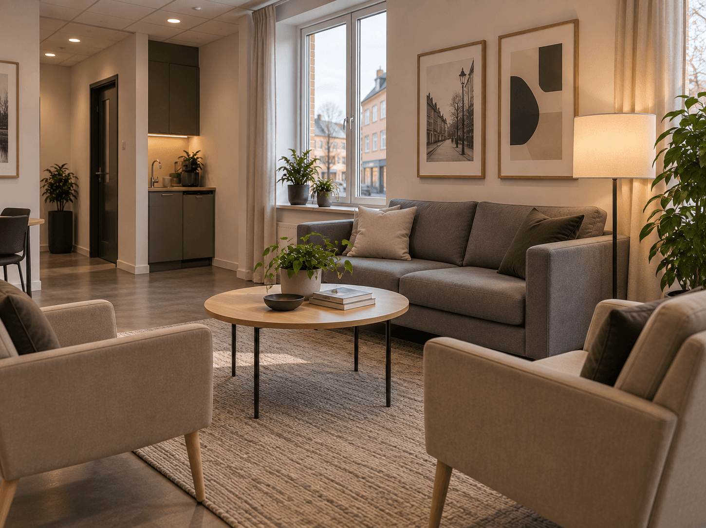 Ljus kontorslounge med grå soffa och två beige fåtöljer vid ett fönster