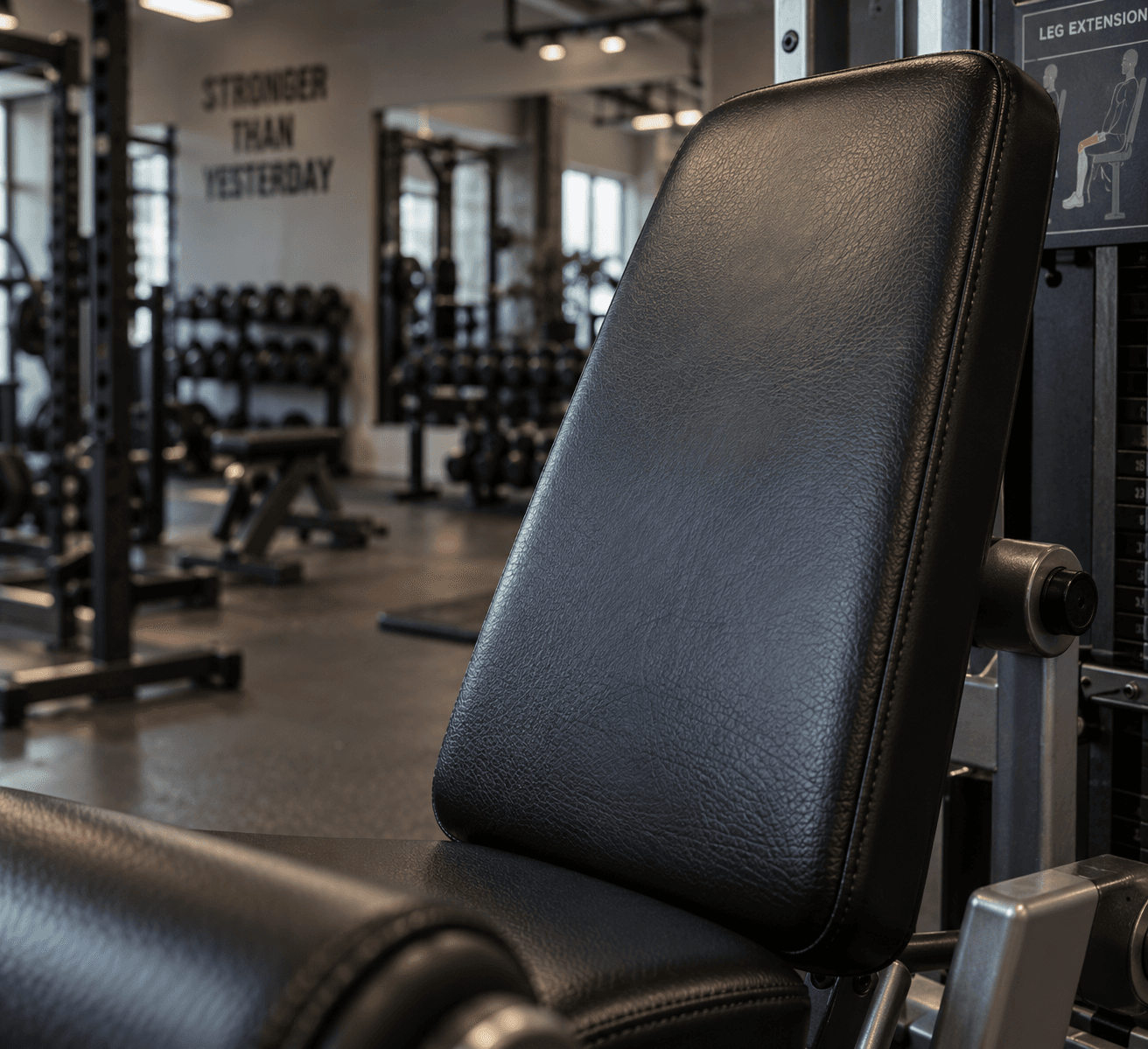 Ryggstöd i svart konstläder på en träningsmaskin i ett gym