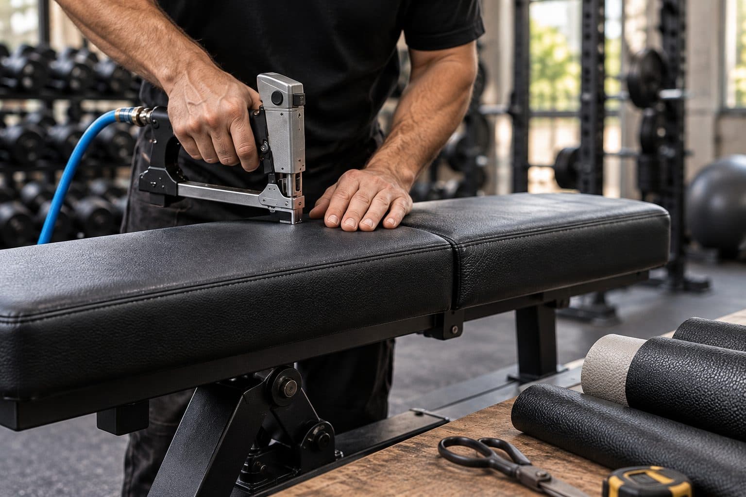 Hantverkare häftar fast nytt konstläder på en gymbänk