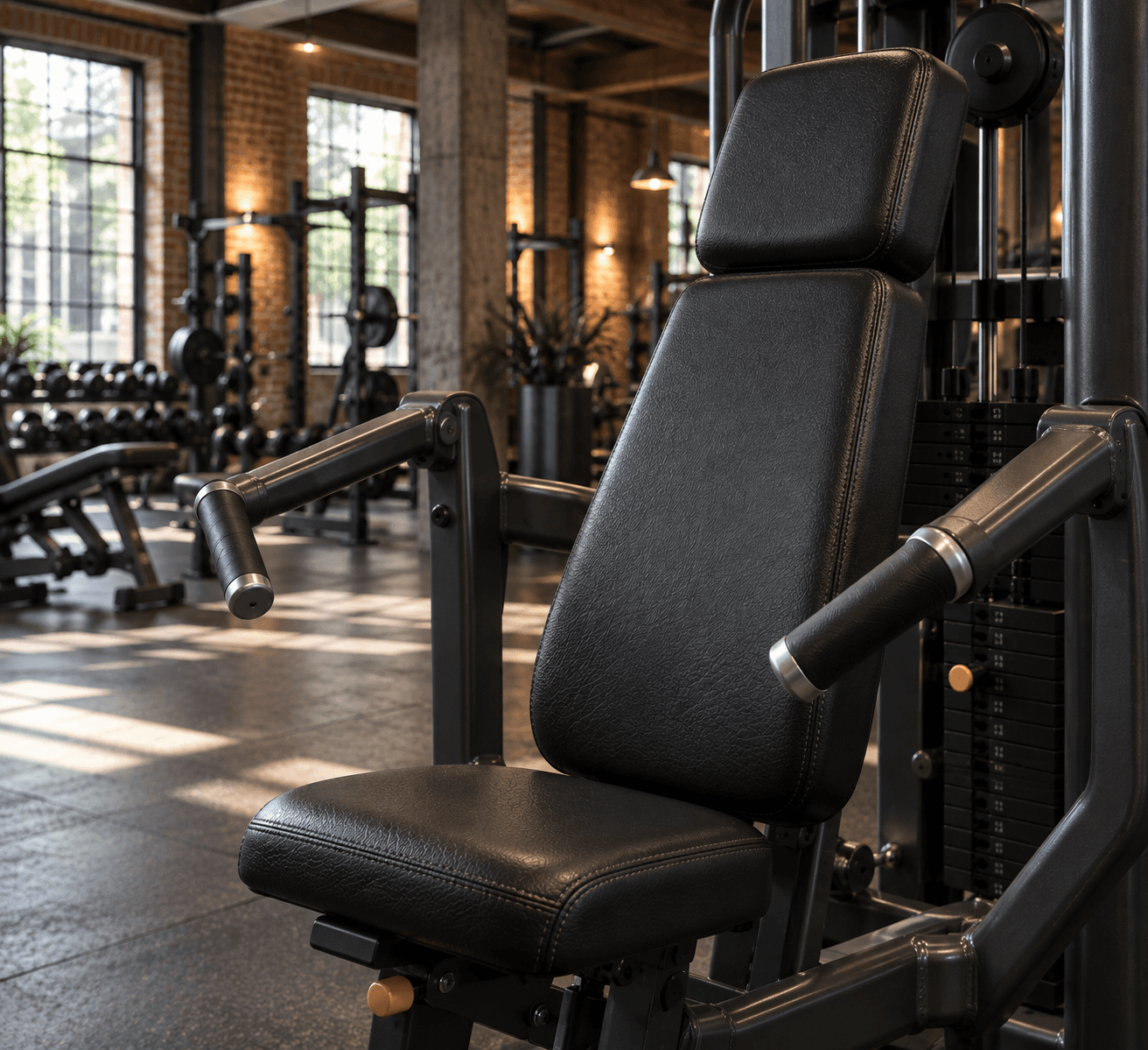 Träningsmaskin med svart konstläder framför en tegelvägg i ett gym