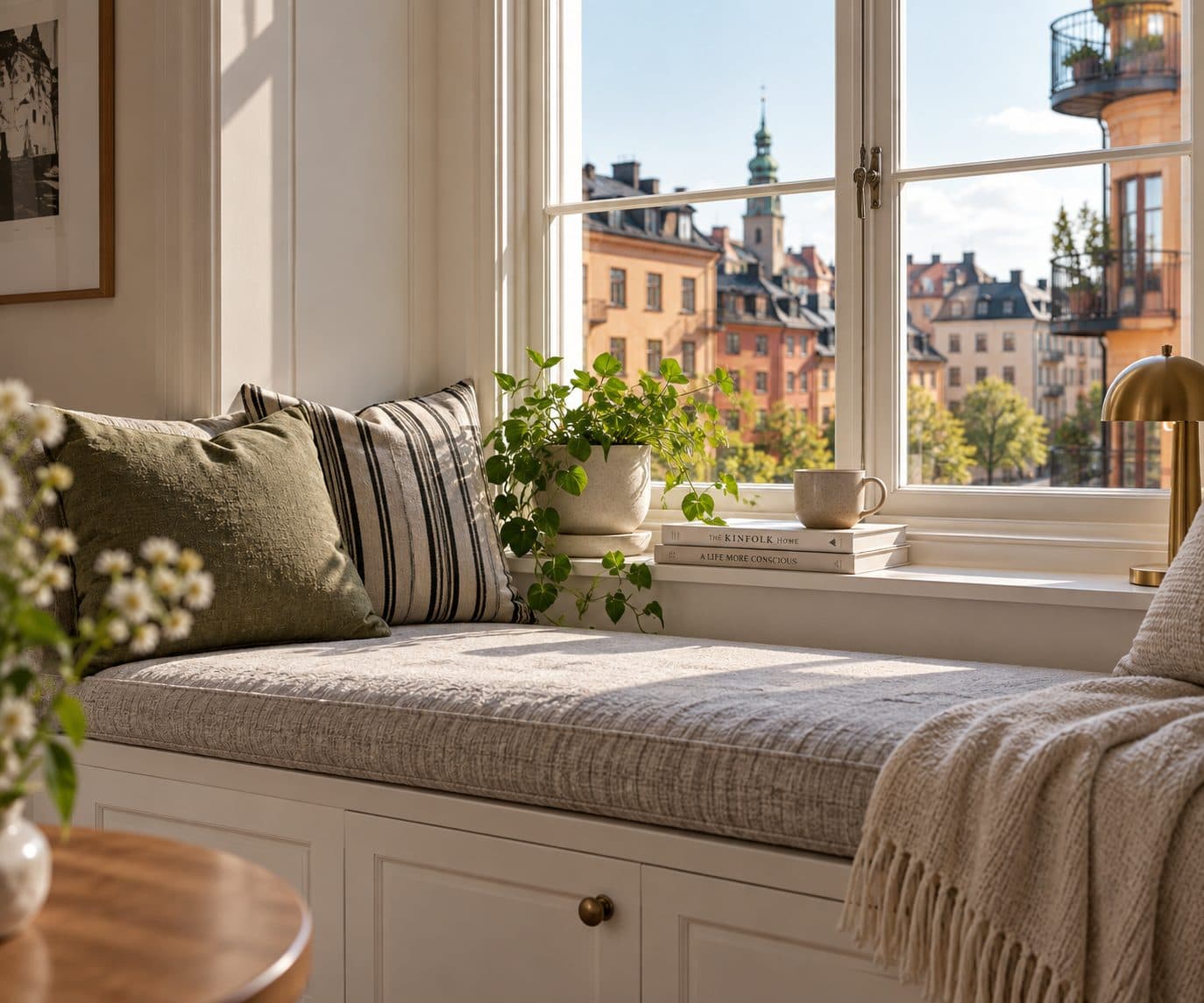 Fönsterbänk med randiga kuddar och utsikt över Stockholms takåsar