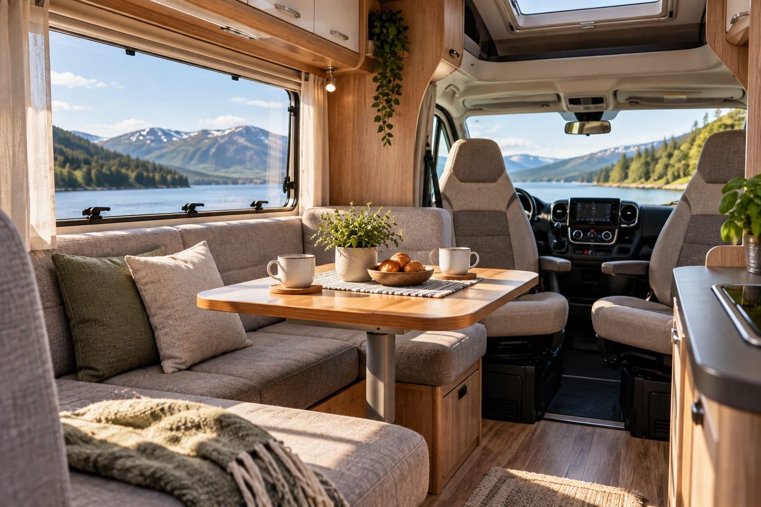 Sittgrupp i husbil med nya dynor och utsikt över sjö och berg